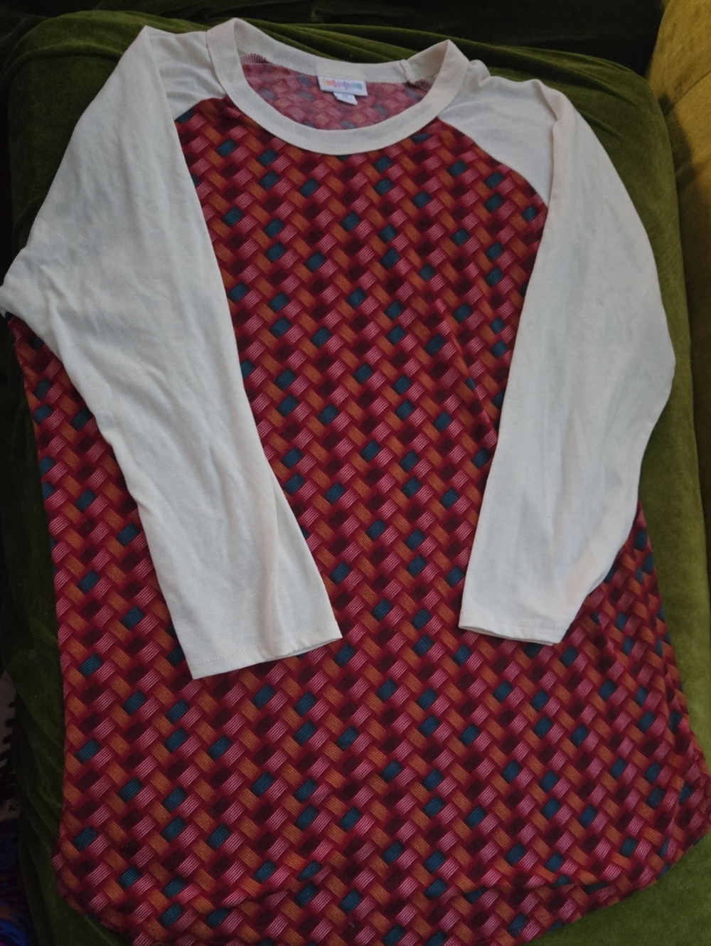 LuLa Roe Raglan Top with Cream Sleeves and Red Geometric Body